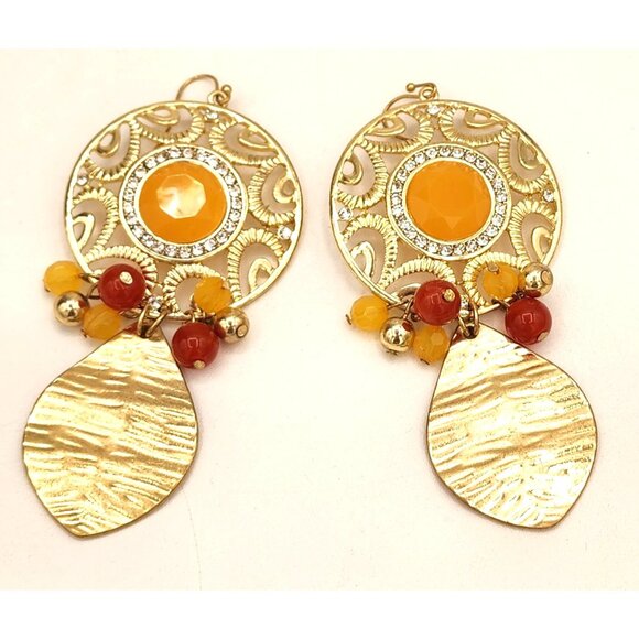 Gold Filigree Dangle Earrings Orange Red Beads, Rhinestones Thailand Fall Party - Picture 3 of 5